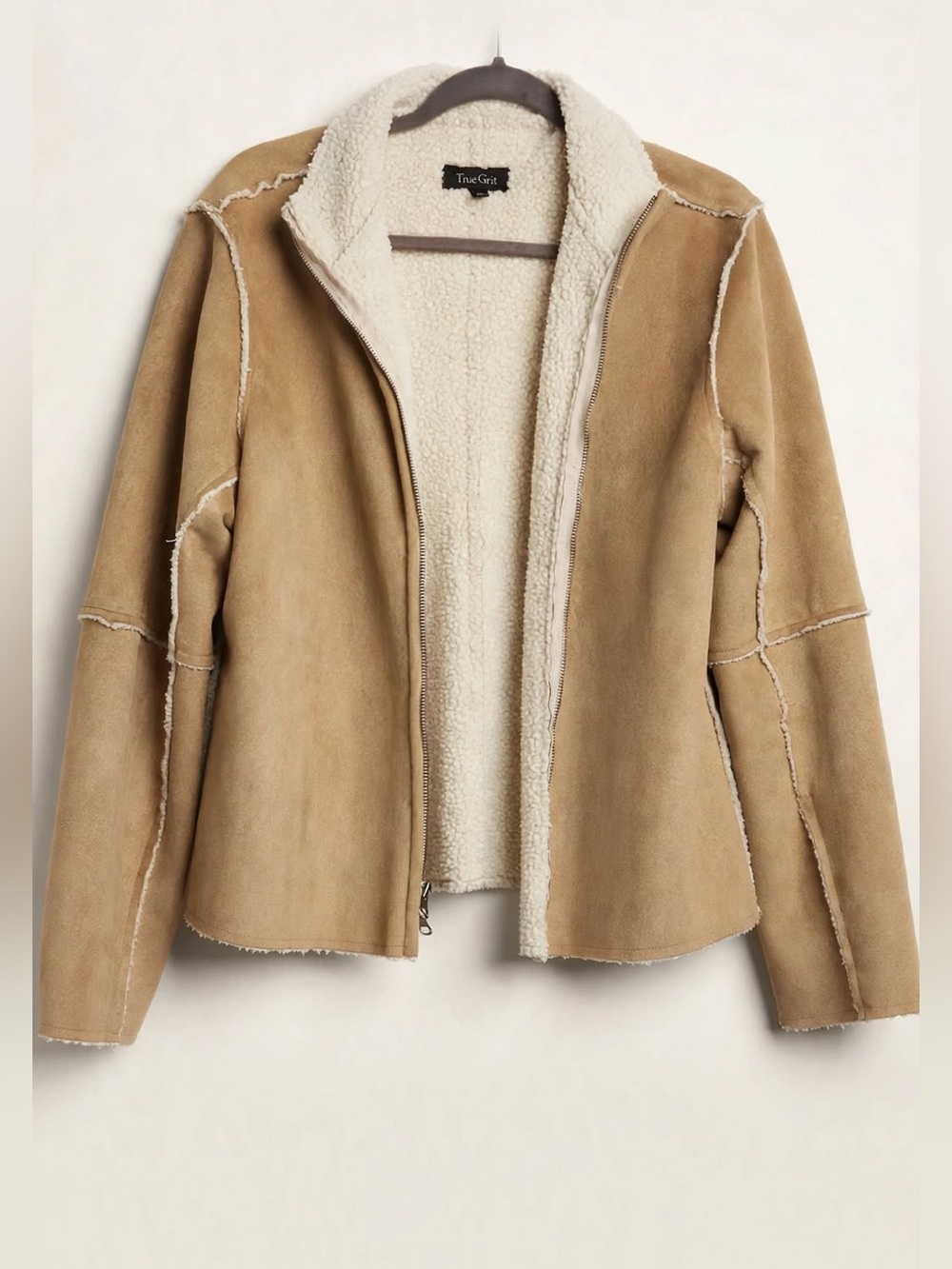 True Grit Tan Faux Suede Shearling Lined Zip Jacket Large